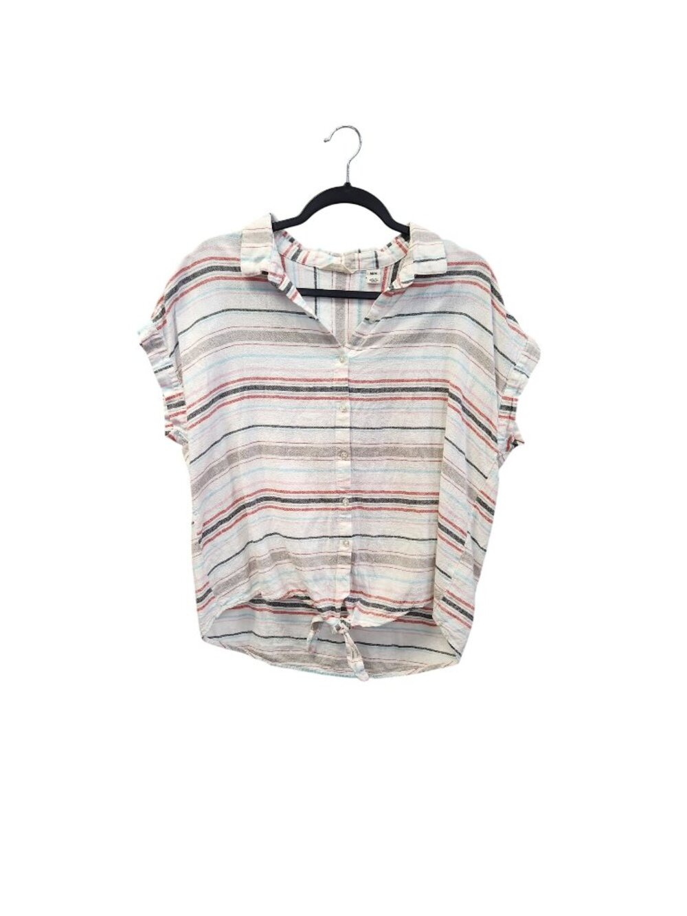 Weatherproof Vintage Womens MStriped Washable Linen Button-Down Short Sleeve Top